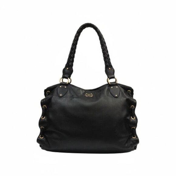 Michael Kors Black Leather Braided Handle Tote Satchel Whipstitch Grommet Large - Picture 2 of 14